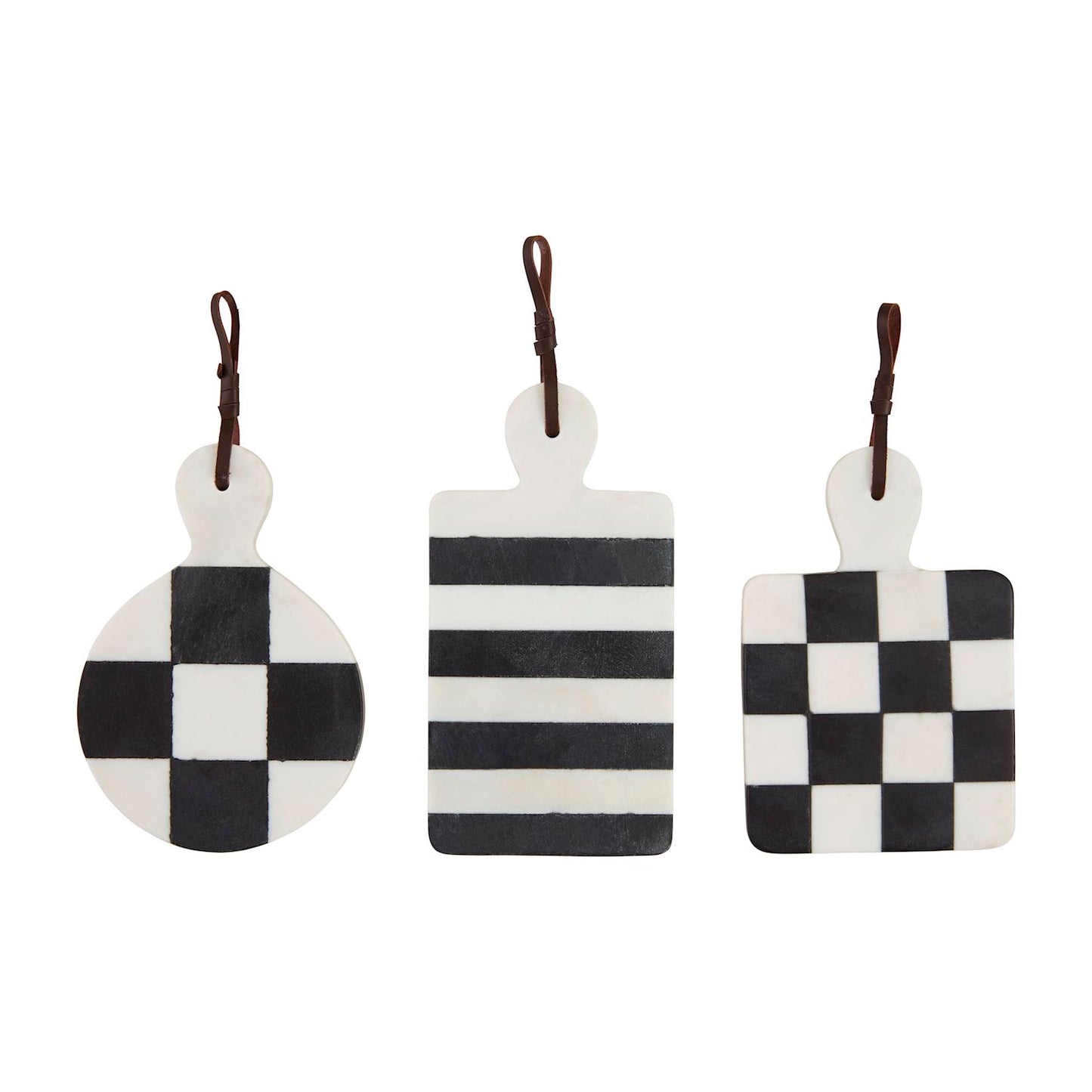 Three shapes of black and white marble mini boards in a row on a white background.
