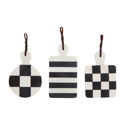 Three shapes of black and white marble mini boards in a row on a white background.
