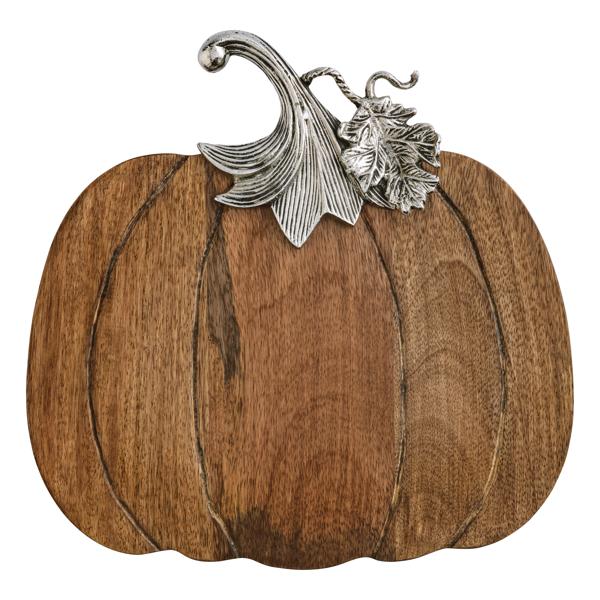 Wooden pumpkin board with a metal stem on a white background