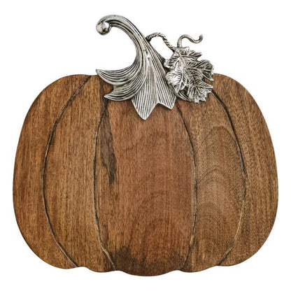 Wooden pumpkin board with a metal stem on a white background