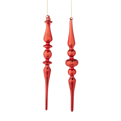 2 red glass finials hanging next to each other on a white background.