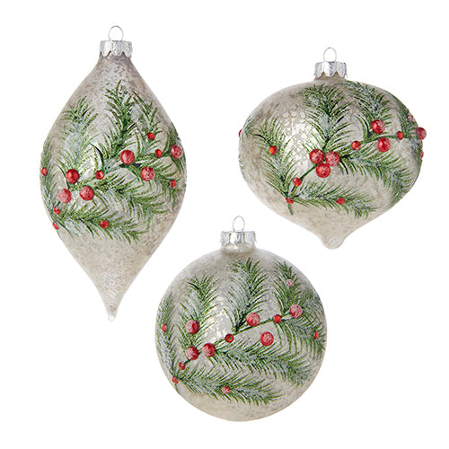 all three shapes of pine and berry ornaments displayed against a white background