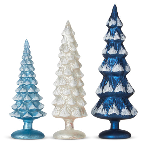 all three sizes and colors of blue and white snowy glass trees displayed against a white background