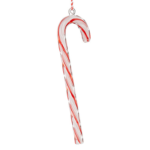 red and white glass candy cane ornament on a white background