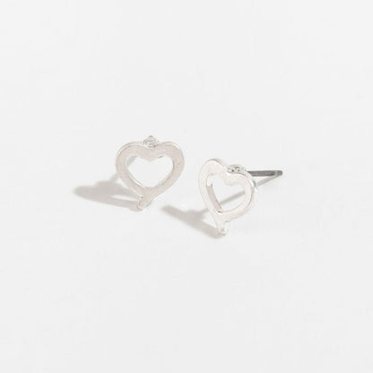 silver heart stud earrings on a white background