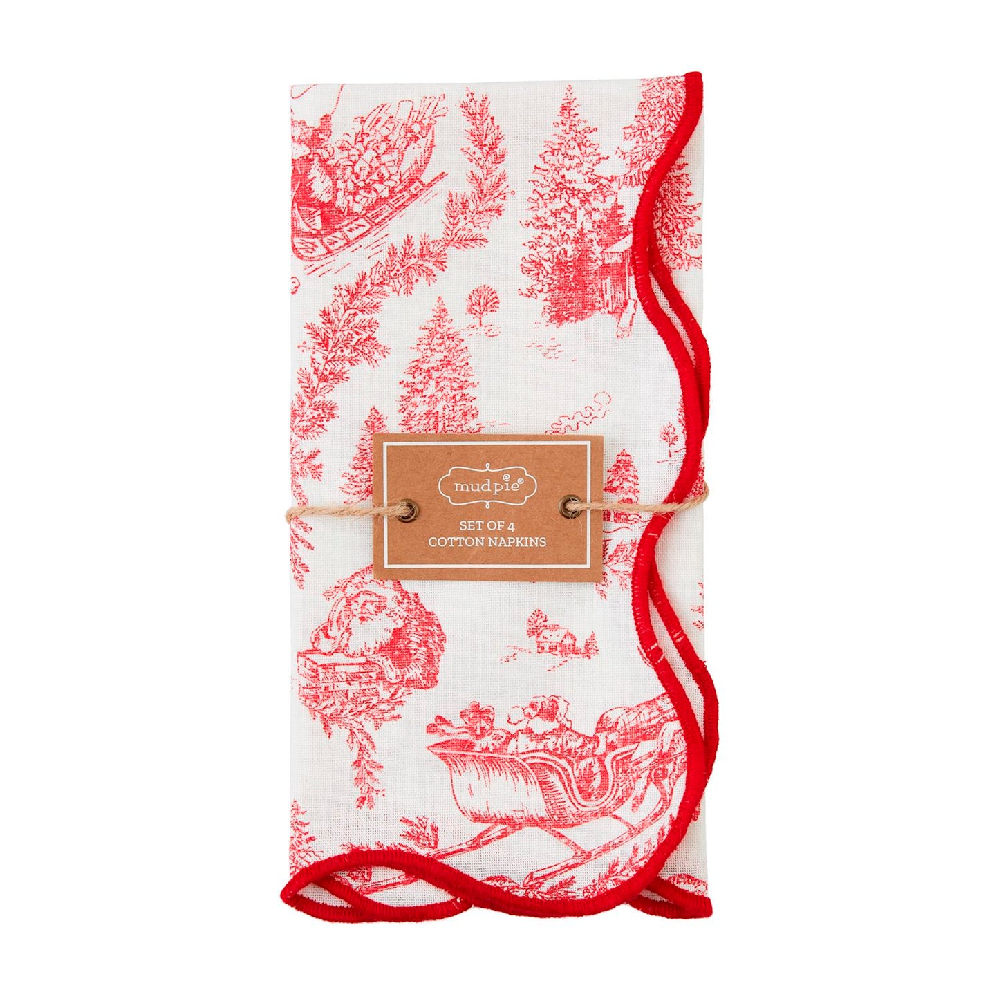 set of christmas toile napkins tied together with jute