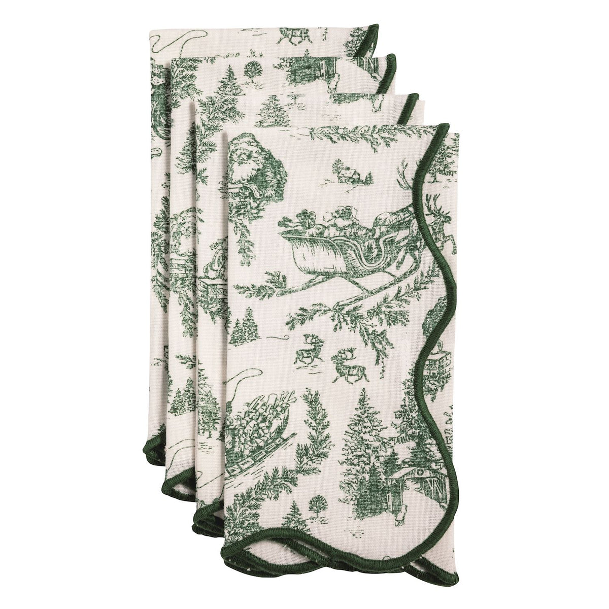 set of four cloth napkins with green toile designs folded and arranged on a white background