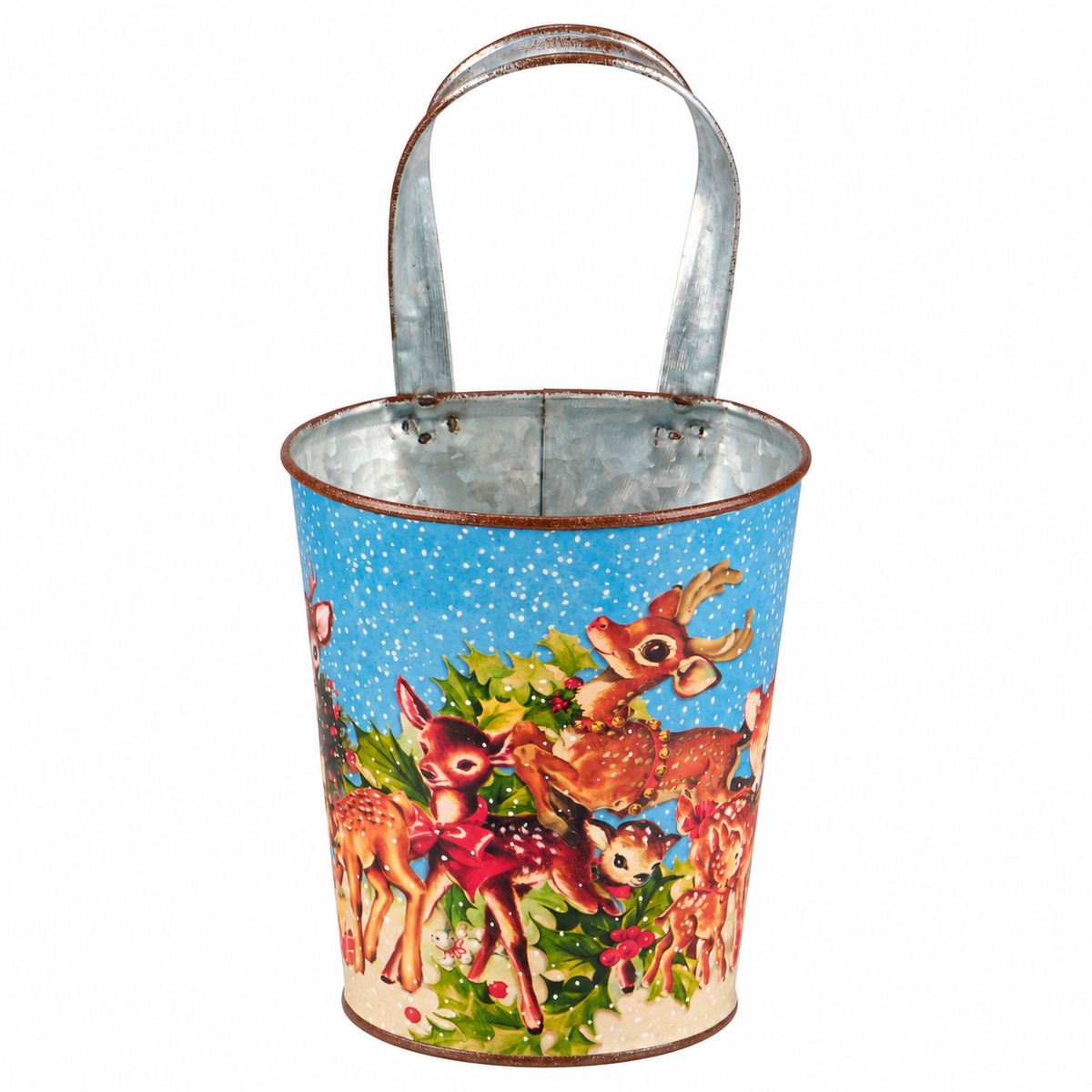 smaller metal bucket with blue background, retro style deer and holly design and a loop handle