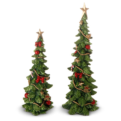 2 sizes of decorated trees with star on top.