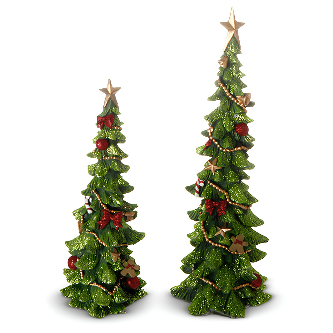 Small and Large Green Tree with Ornaments on a white background