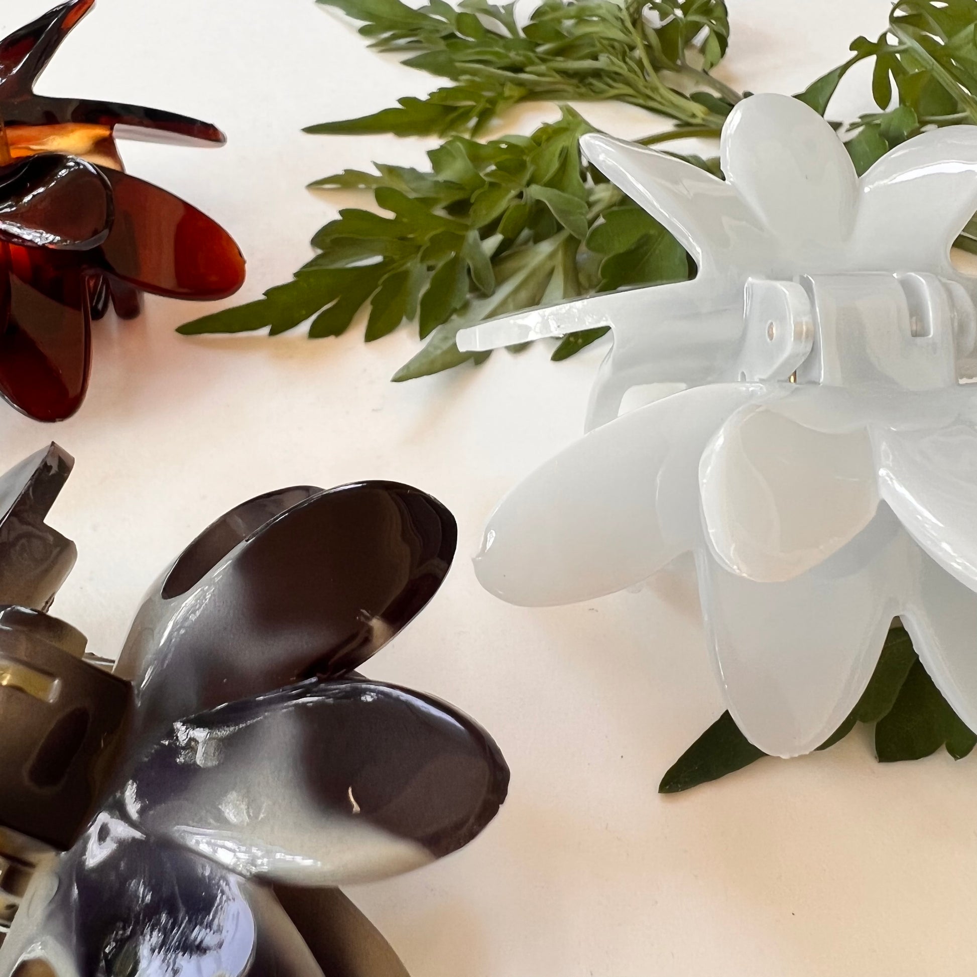 close-up of water lily hair clips.