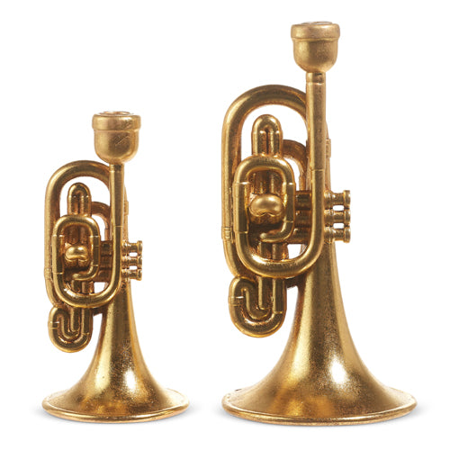 both sizes of trumpet candle holders displayed against a white background