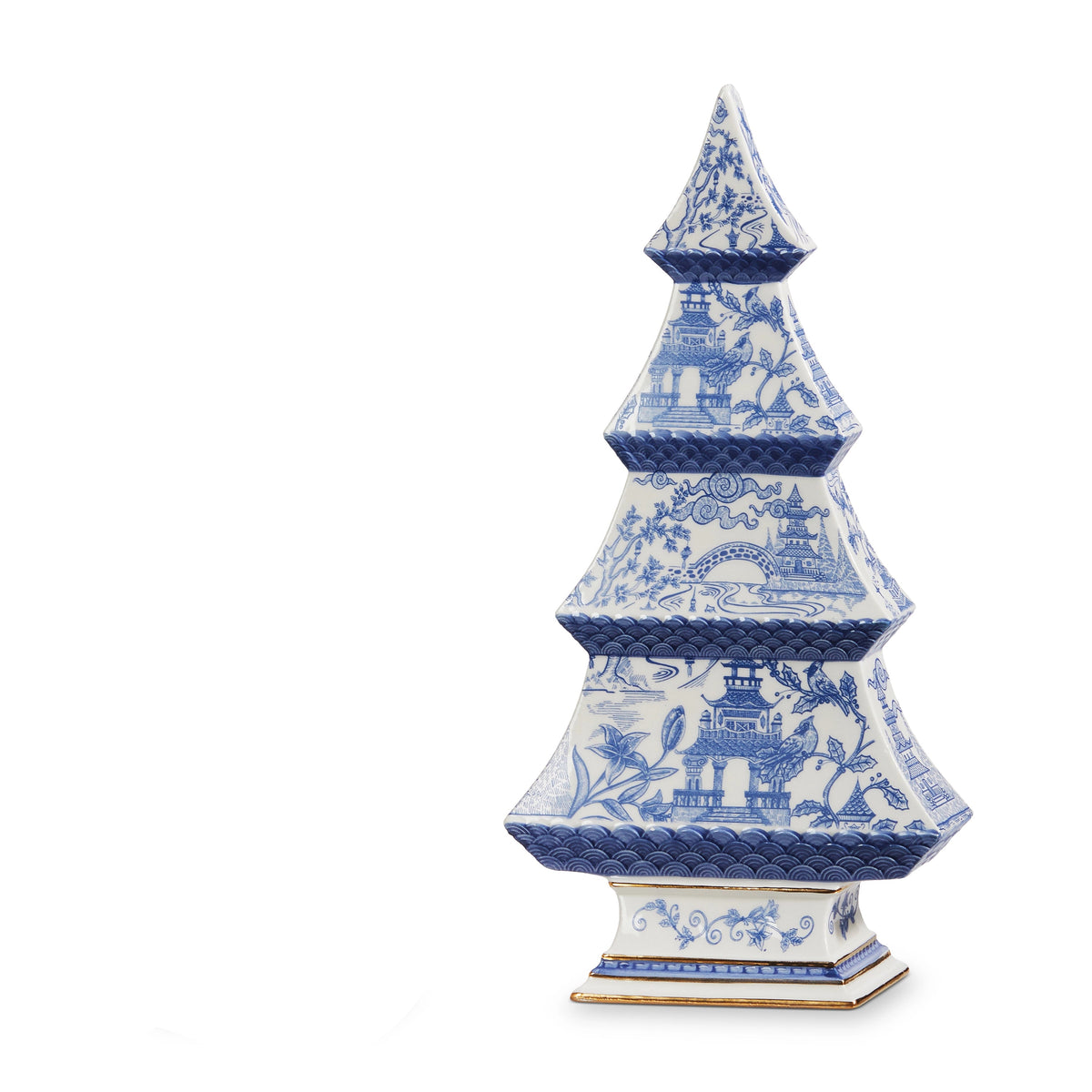 larger sized Blue and white Chinoiserie Tree with pagoda-shape shown on a white background