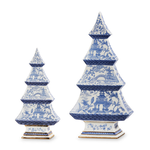 both sizes of chinoiserie trees displayed against a white background