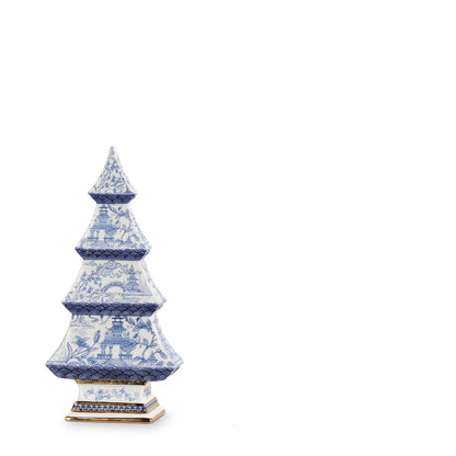 smaller sized Blue and white Chinoiserie Tree with pagoda-shape shown on a white background