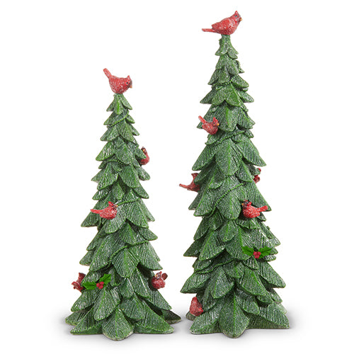 2 sizes of green trees with cardinals in them set next to each other on a white background.