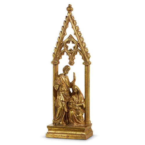 gilded holy family displayed against a white background