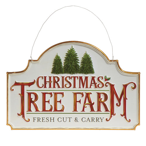 christmas tree farm ornament sign is white with red lettering and trees against a white background