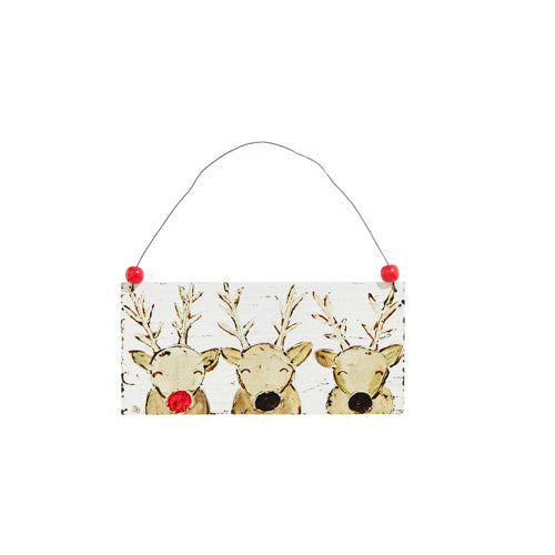 wooden plaque with three painted reindeer with metal hanger against a white background