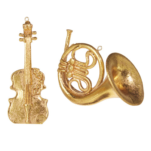 both styles of gold instrument ornaments displayed against a white background