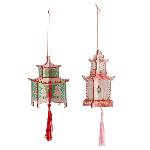 both styles of pagoda ornaments in pinks, greens, and reds displayed against a white background