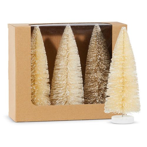 set of three frosted natural bottle brush trees in the brown box with a single one displayed next to it on a white background