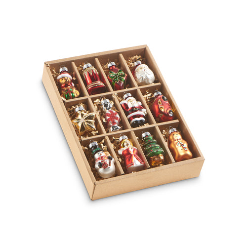 all 12 vintage traditional christmas ornaments displayed in a cardboard box against a white background