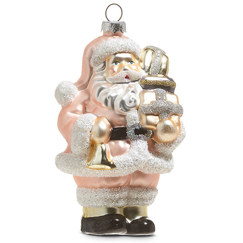 santa wearing pink glass ornament against a white background