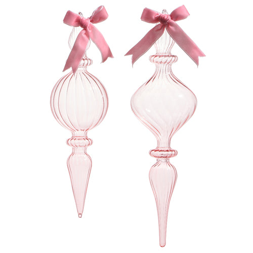 both sizes of clear pink blown glass finial ornaments displayed on a white background