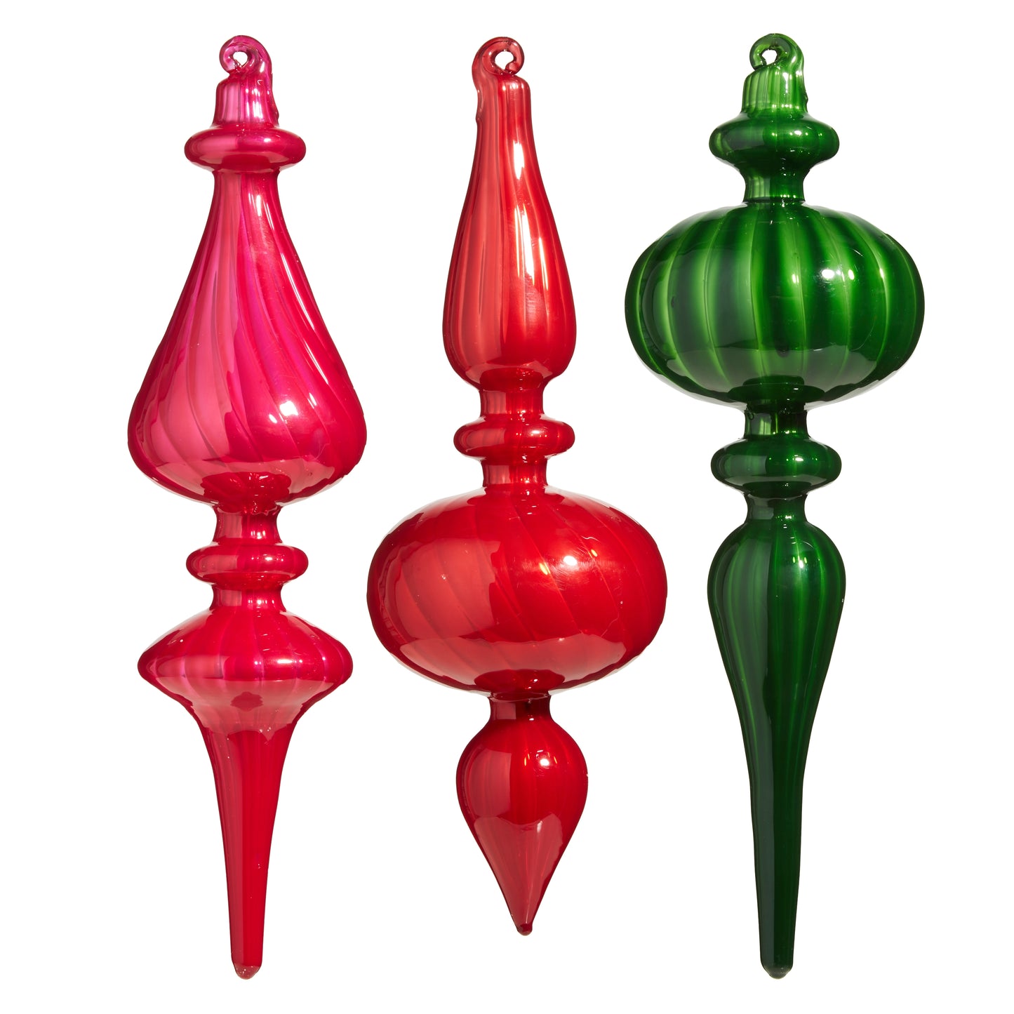 all three colors of blown glass finial ornaments displayed against a white background