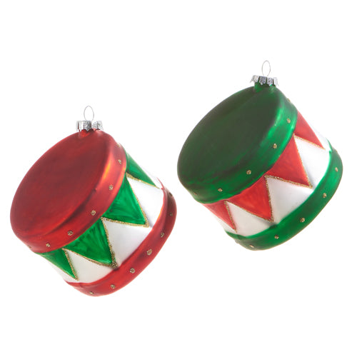 both colors of drum ornaments displayed on a white background