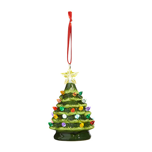 vintage green lighted tree ornament with red ribbon tie displayed against a white background