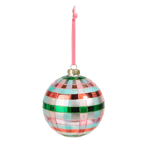 pink and green plaid ball ornament with pink ribbon tie against a white background