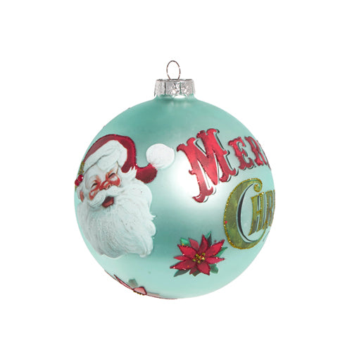 turquoise vintage merry christmas ball ornament has picture of santa, text, and poinsettia displayed against a white background