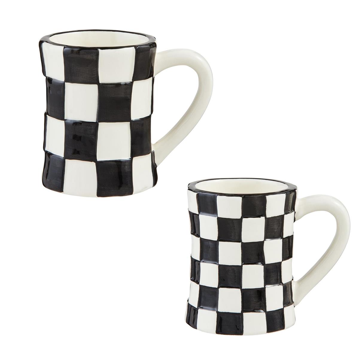 2 black and white checked mugs on a white background.