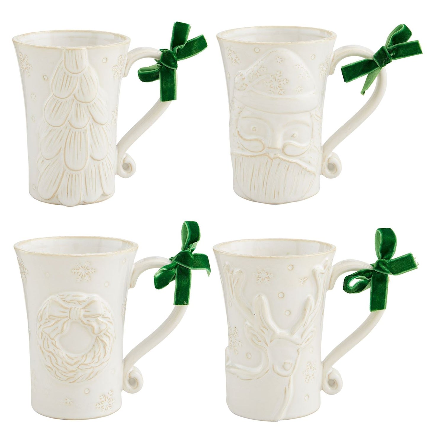 4 styles of White Christmas Mugs shown on a white background.