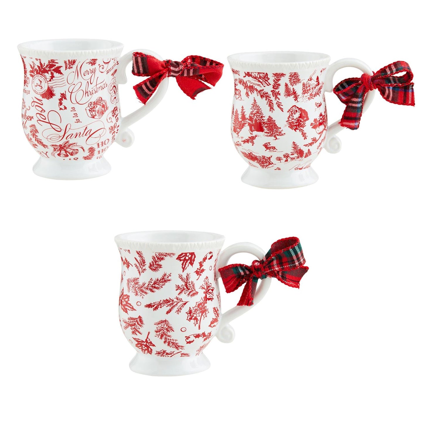 3 styles of christmas toile mugs on a white background.