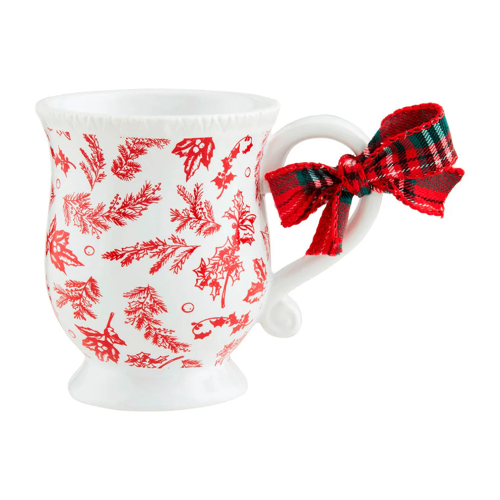 christmas toile mug with evergreen pattern.