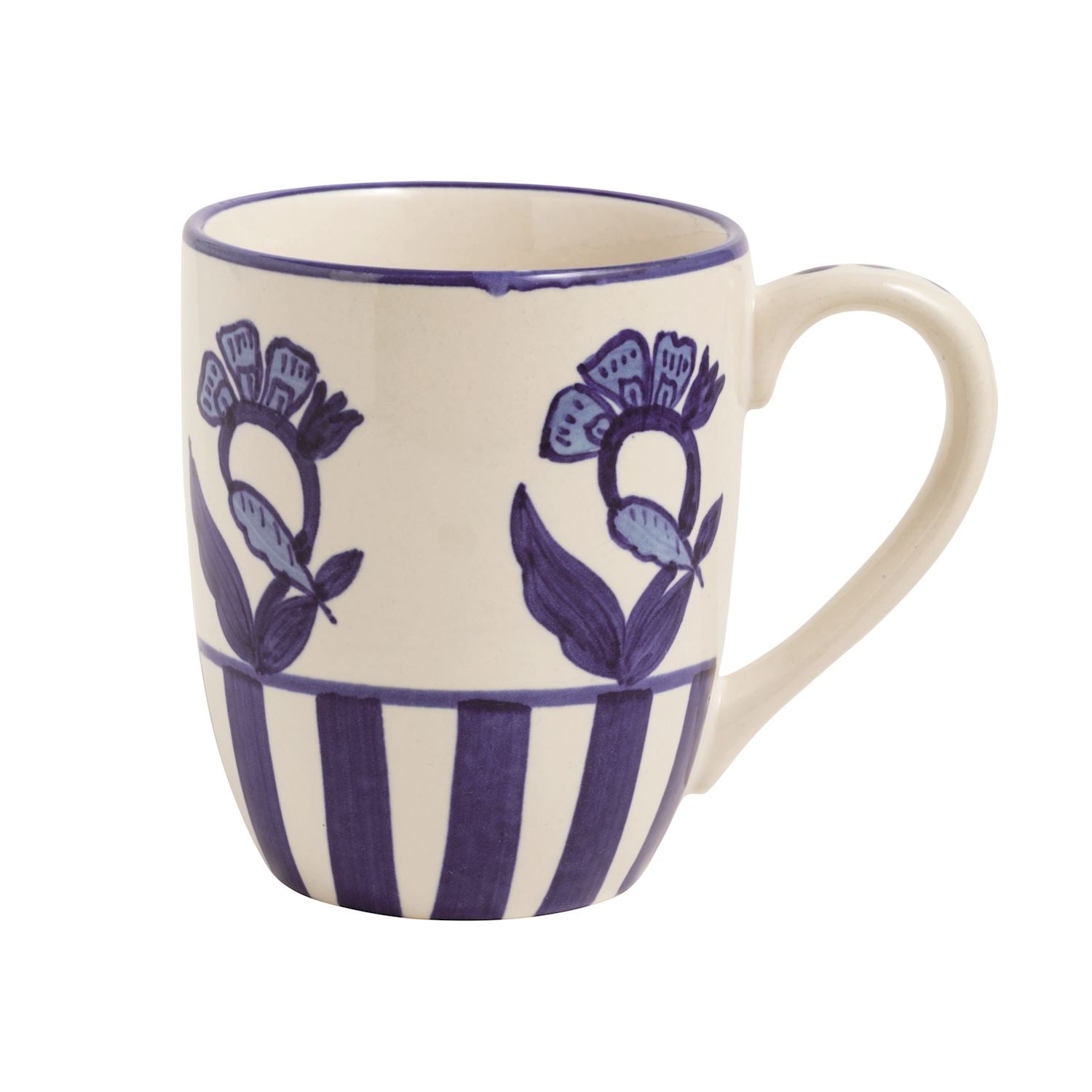white mug with blue floral design with striped base
