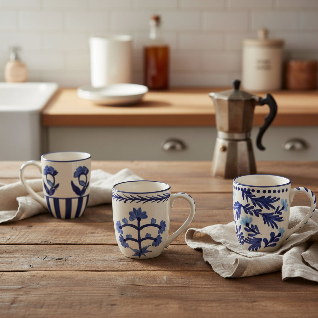 blue and white floral mugs arranged on a wooden table with a kitchen background