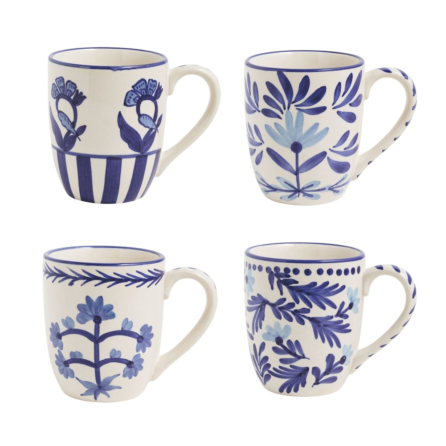 4 assorted blue and white mugs on a white background