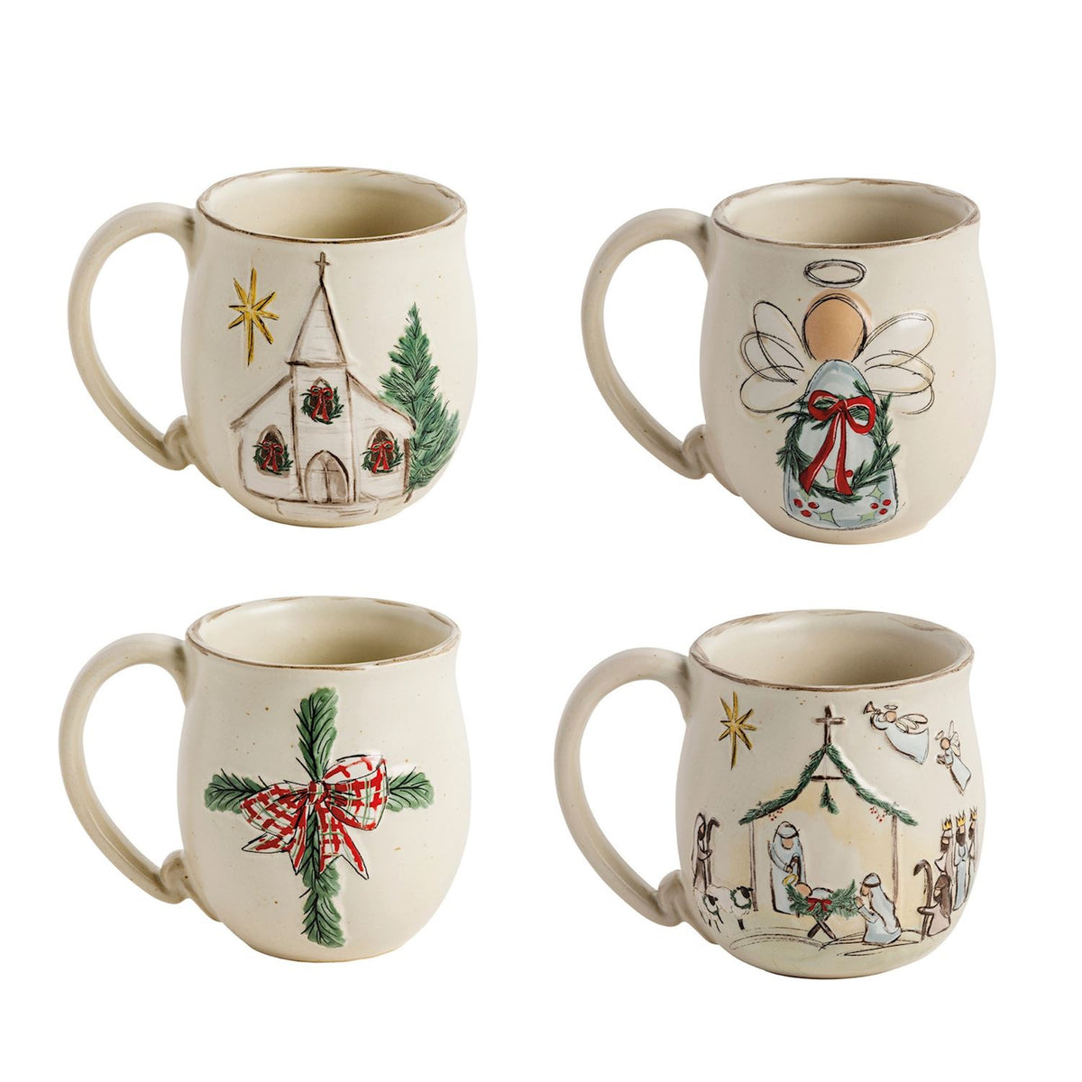 4 mugs with christmas spiritual themed designs shown on a white background