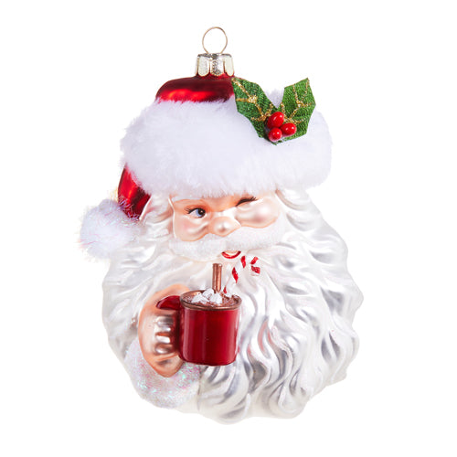 winking santa drinking cocoa ornament displayed against a white background