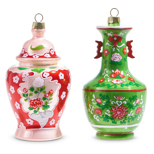 both styles of chinoiserie jar ornaments displayed against a white background