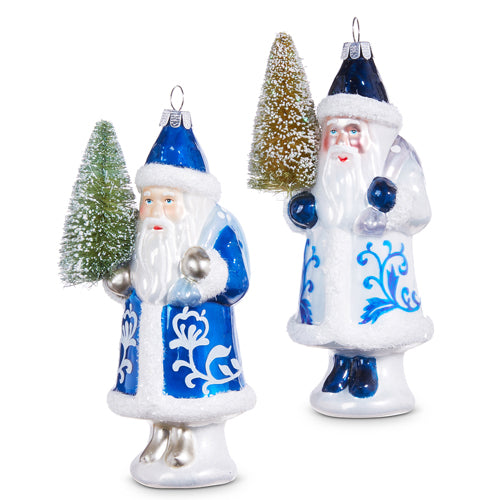 2 styles of blue and white glass santa ornaments set next to each other on a white background.