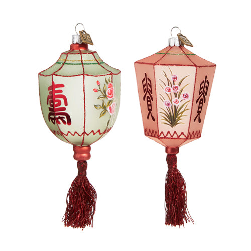 2 styles of glass lantern ornaments.