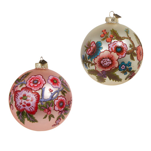 both color options of vintage floral ball ornaments displayed on a white background