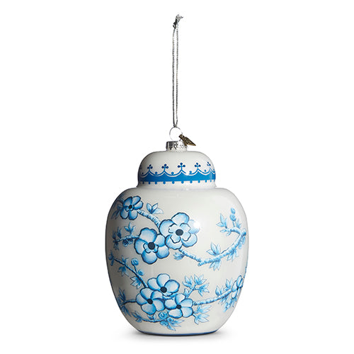 white ginger jar ornament with light blue flowers on a branch all around it displayed on a white background