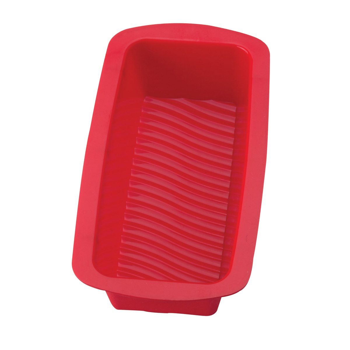 red silicone loaf pan.
