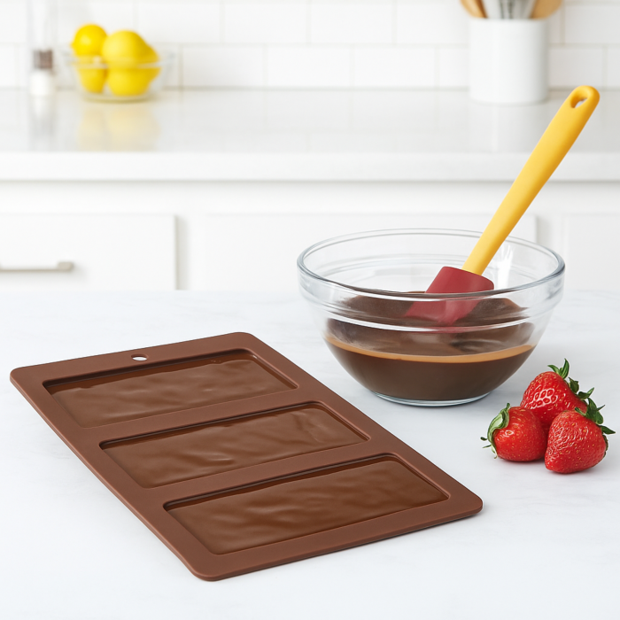 Chocolate mold on a kitchen counter with a bowl of chocolate mixture and strawberries.